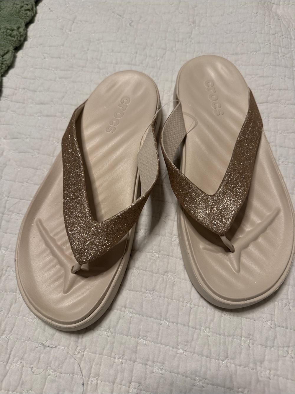 CROCS Women’s Glitter Strap Sandals — Beige Footbed with Gold Sparkle